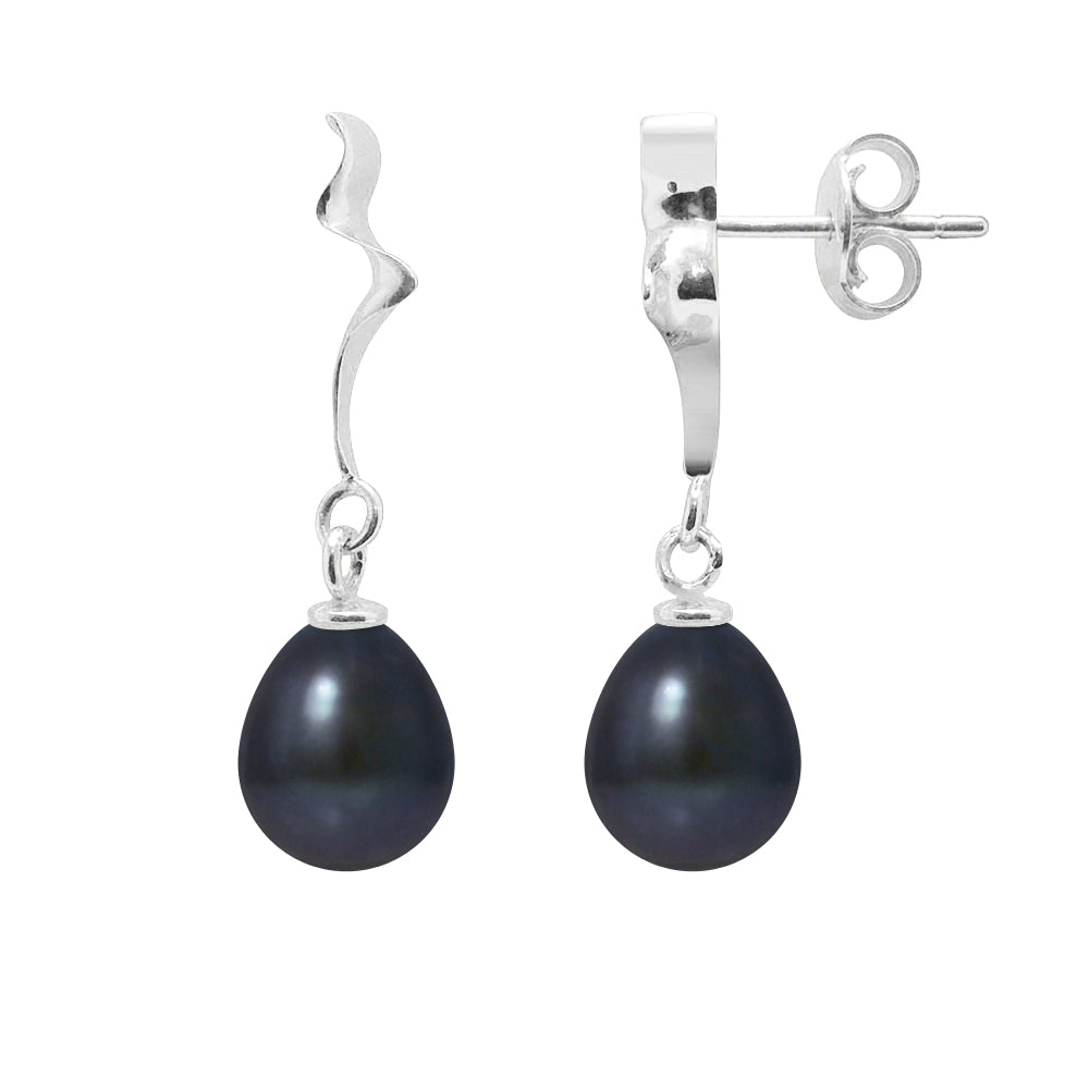 PERLINEA- Boucles d'Oreilles- Perles de Culture d'Eau Douce Bouton 8-9 mm Black Tahiti- Bijou Femme