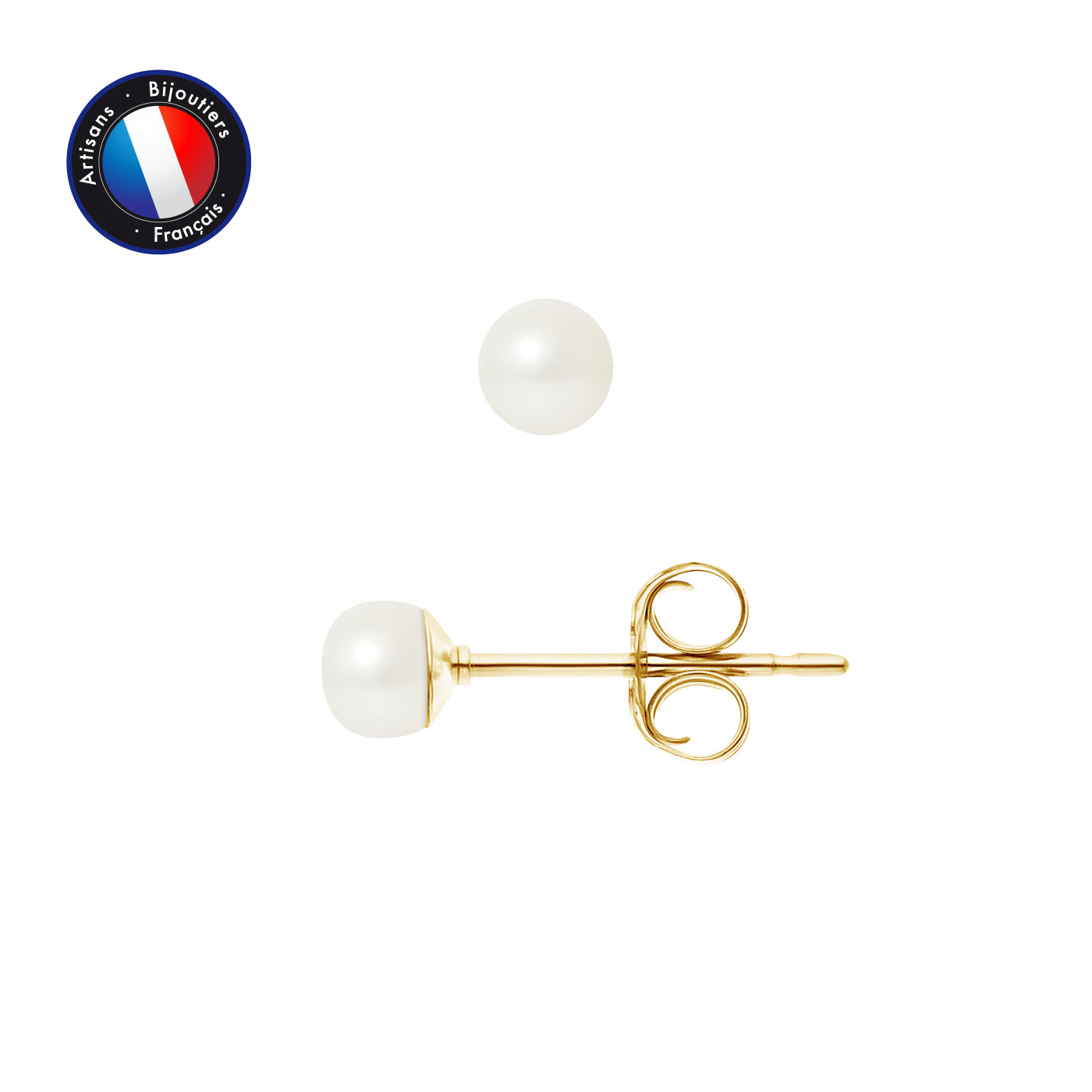 PERLINEA- Boucles d'Oreilles- Perles de Culture d'Eau Douce Bouton 4-5 mm Blanc- Bijou Femme- Or Jaune