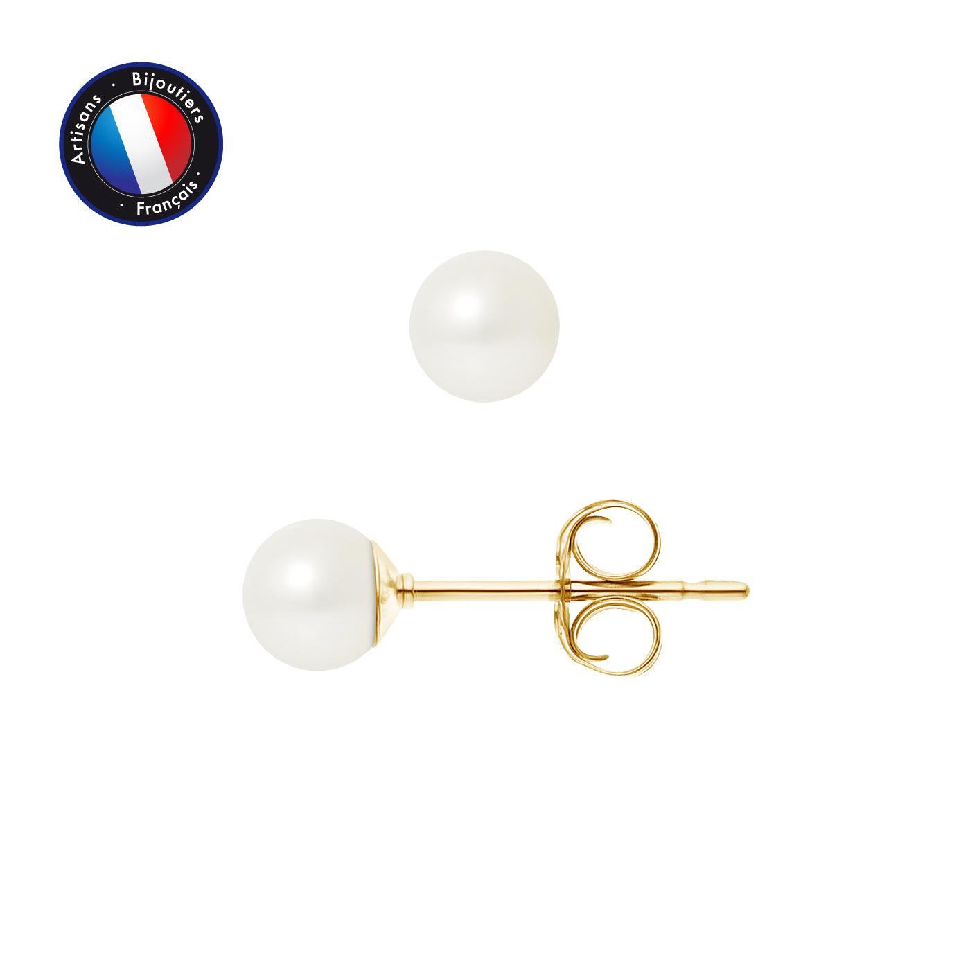 PERLINEA- Boucles d'Oreilles- Perles de Culture d'Eau Douce Ronde 5-6 mm Blanc- Bijou Femme- Or Jaune