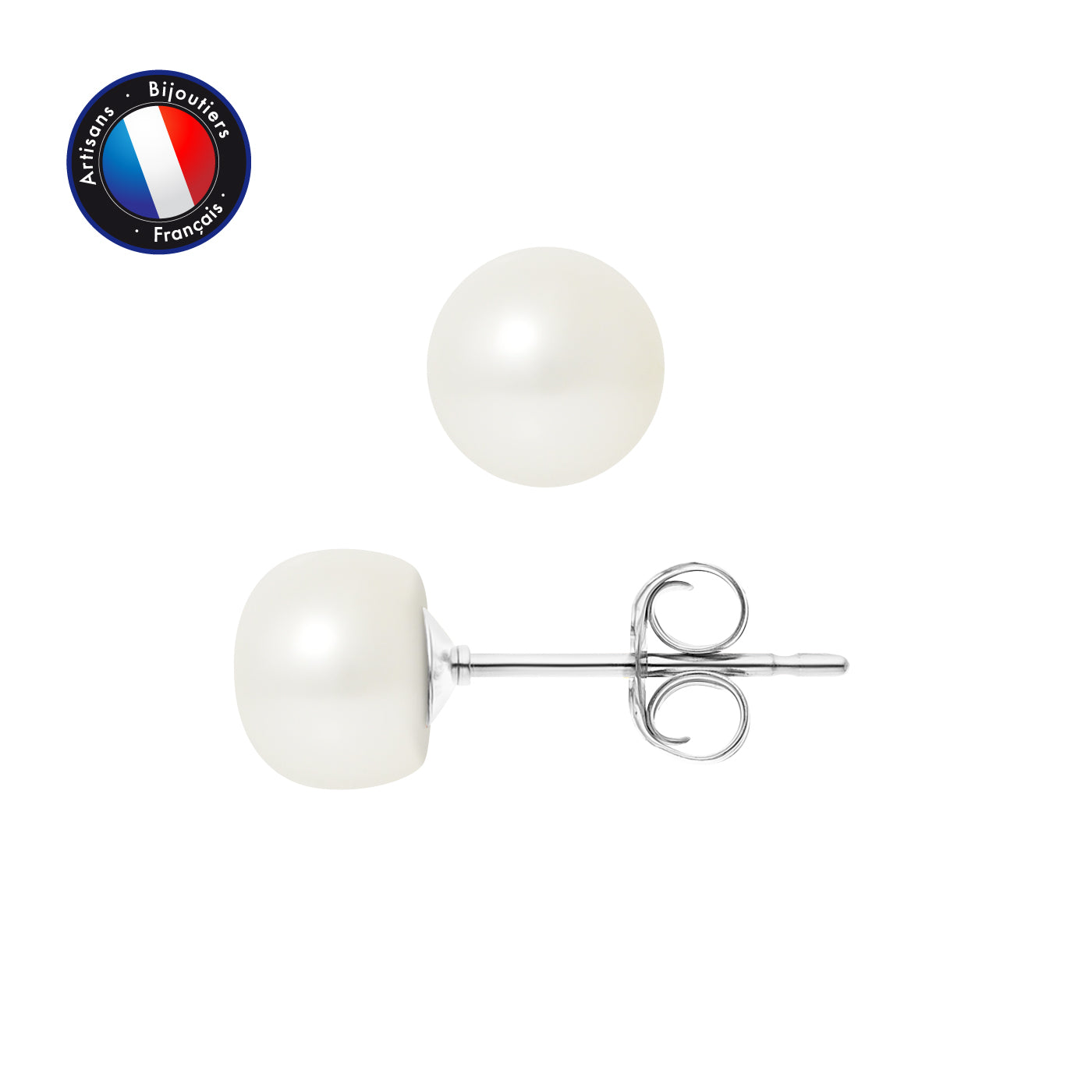 PERLINEA- Boucles d'Oreilles- Perles de Culture d'Eau Douce Bouton 7-8 mm Blanc- Bijou Femme- Or Blanc