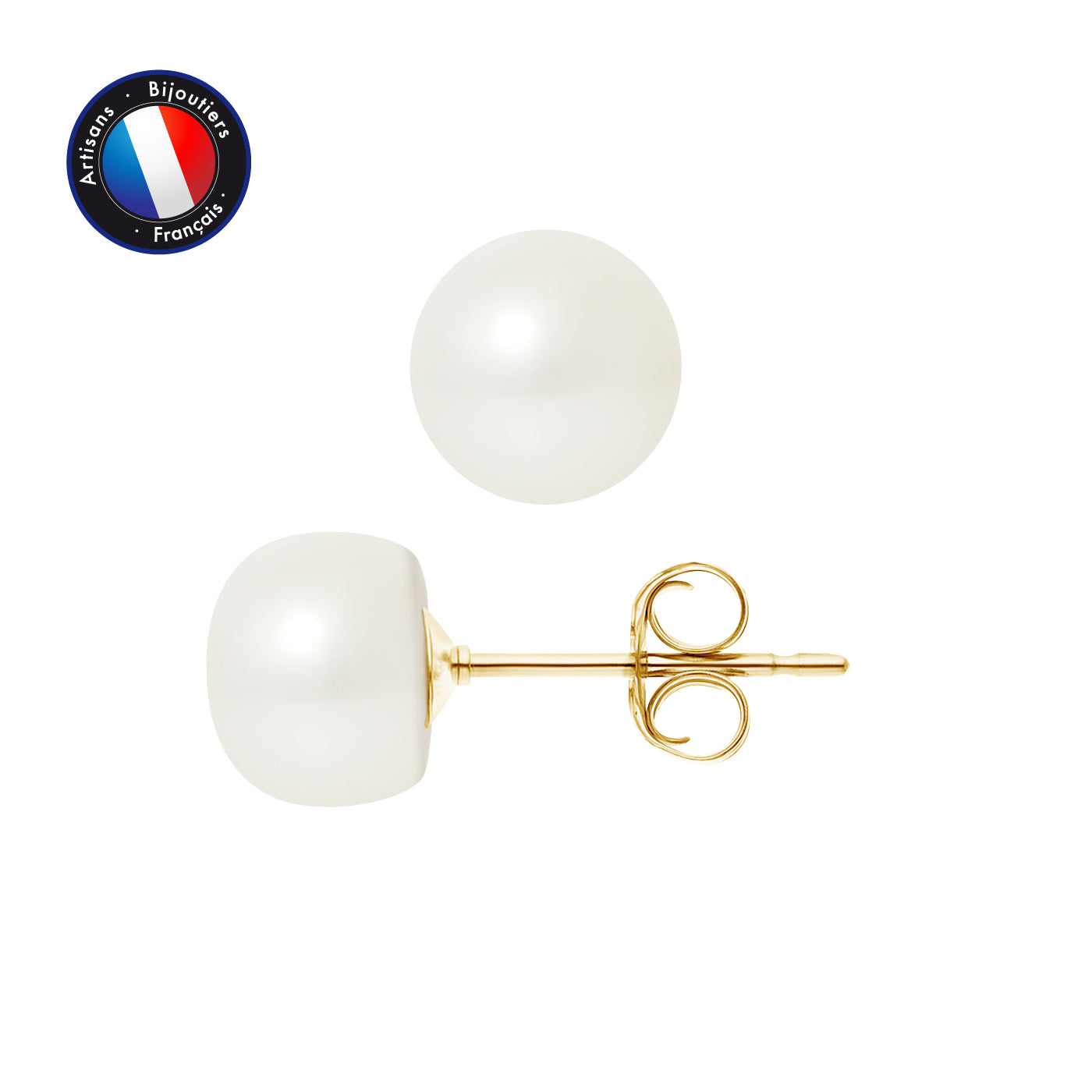 PERLINEA- Earrings- Freshwater Cultured Pearls Button 8-9 mm White- Women's Jewelry- Yellow Gold