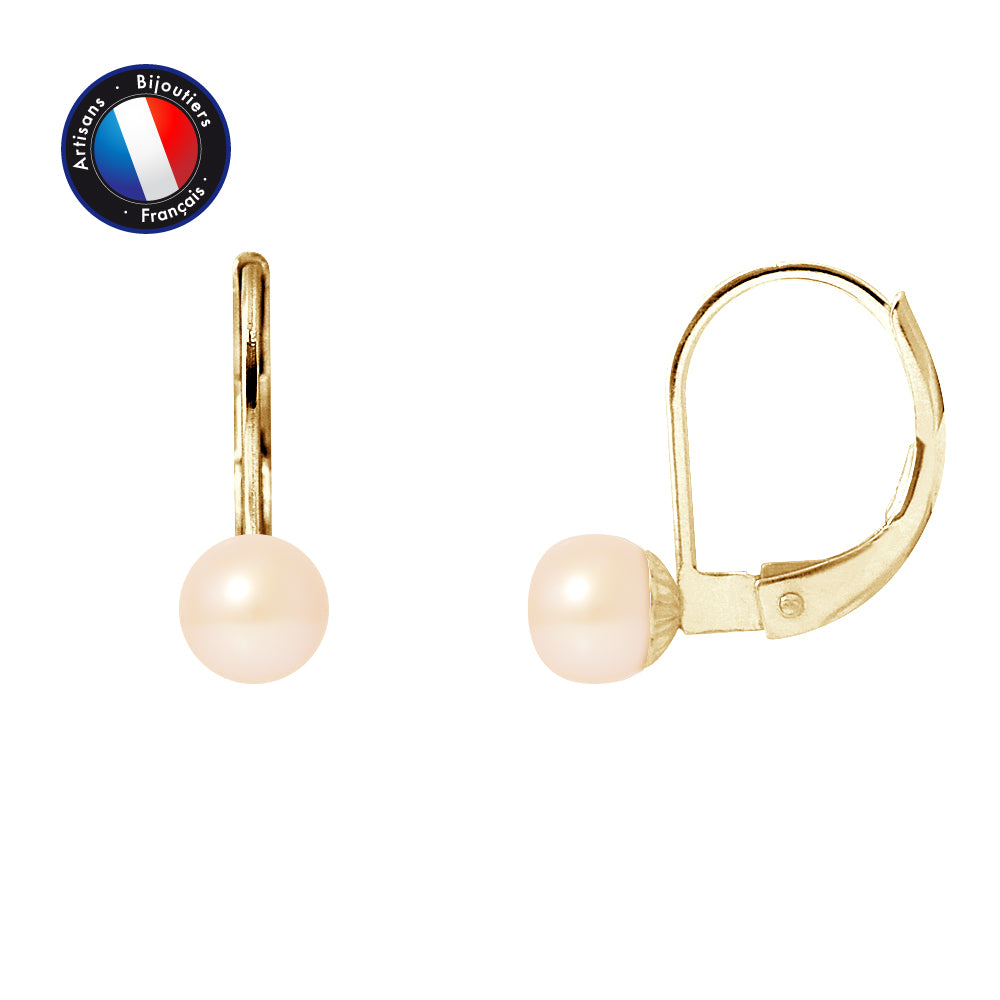 Earrings - Freshwater Cultured Pearls Button 5-6 mm Pink - Women's Jewelry - Yellow Gold