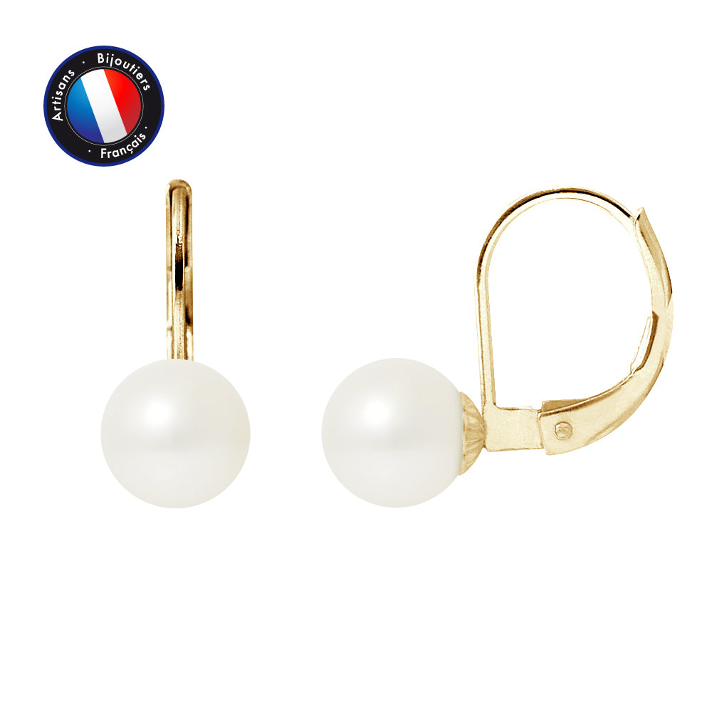 Earrings - Round Freshwater Cultured Pearls 7-8 mm White - Women's Jewelry - Yellow Gold