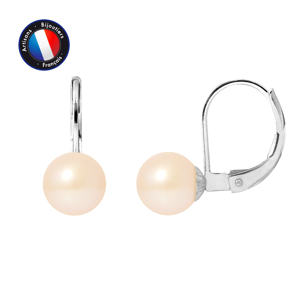 PERLINEA- Earrings - Round Freshwater Cultured Pearls 7-8 mm Pink - Women's Jewelry - White Gold