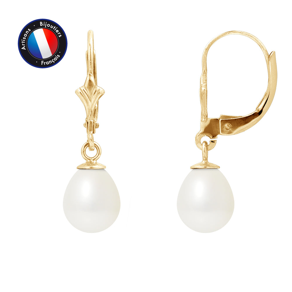 Boucles d'Oreilles - Perles de Culture d'Eau Douce- Diamètre 7-8 mm Blanc- Bijou Femme- Or Jaune