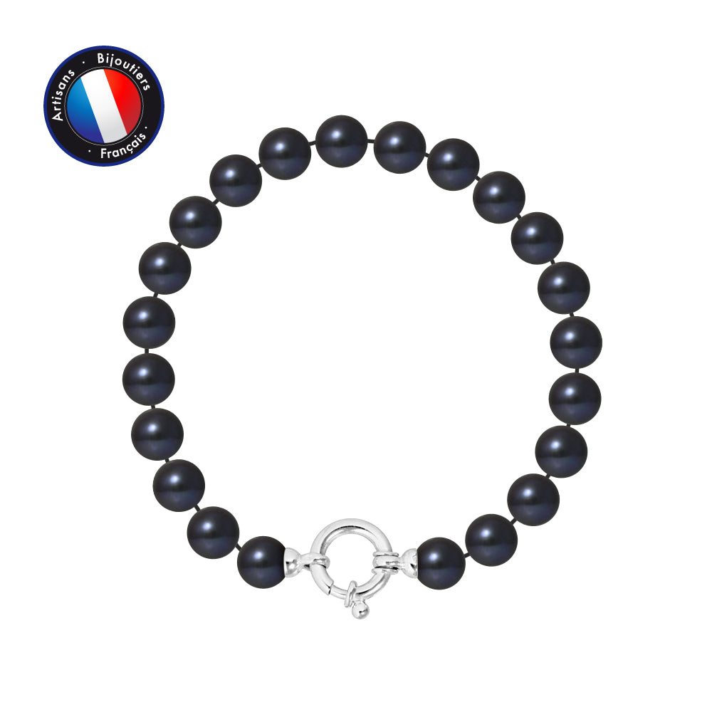 PERLINEA- Bracelet - Round Cultured Pearls 7-8 mm Black Tahiti- Women's Jewelry- White Gold