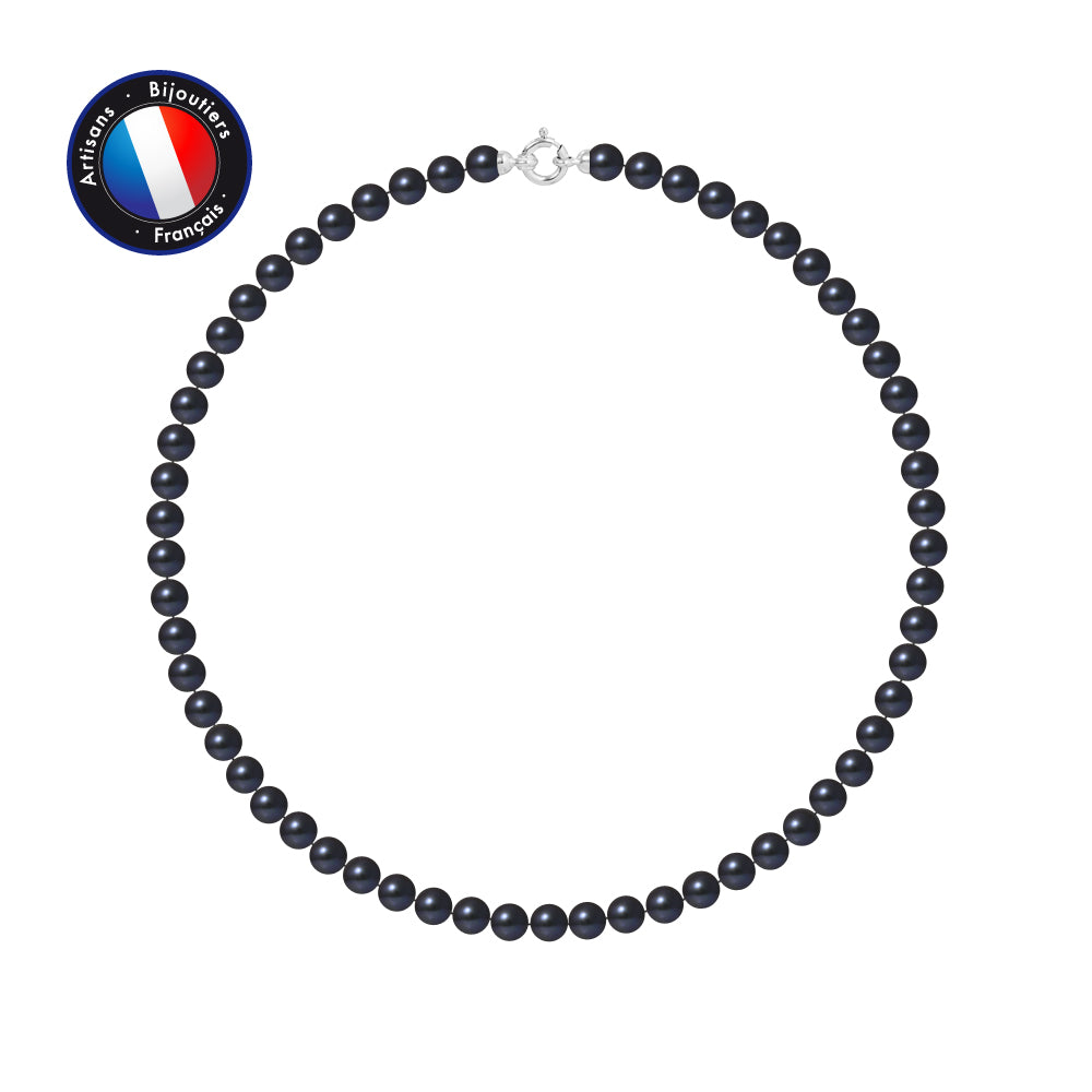 PERLINEA- Necklace- Round Freshwater Cultured Pearls 6-7 mm Black Tahiti- Women's Jewelry- White Gold