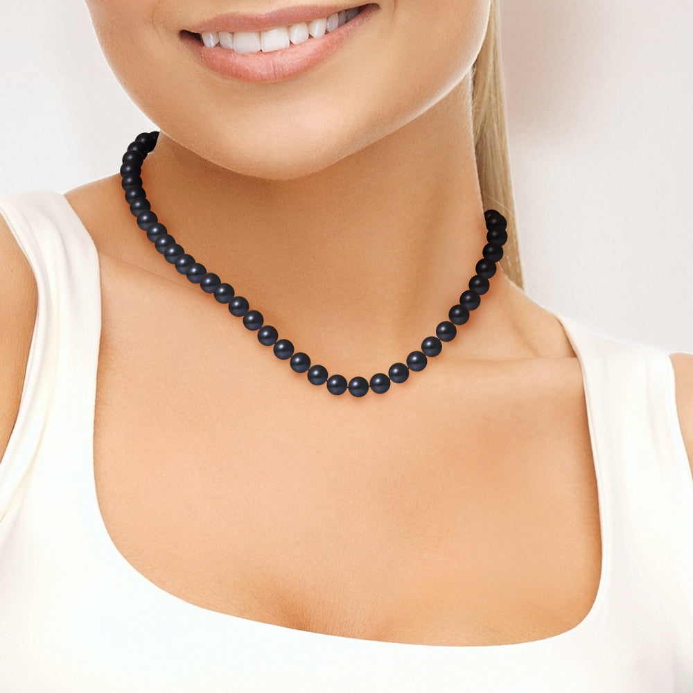 PERLINEA- Necklace- Round Freshwater Cultured Pearls 7-8 mm Black Tahiti- Women's Jewelry- White Gold