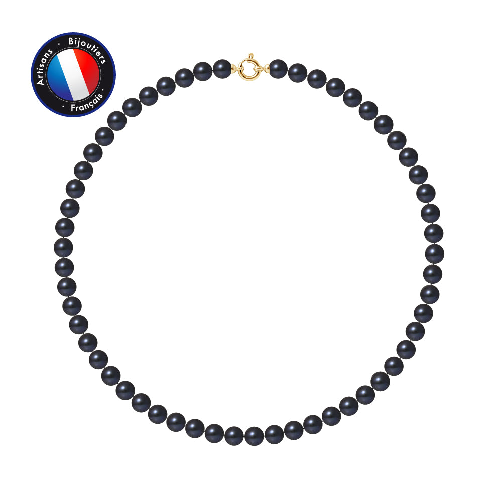 PERLINEA- Necklace- Round Freshwater Cultured Pearls 8-8 mm Black Tahiti- Women's Jewelry- Yellow Gold