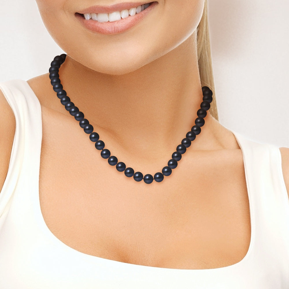 PERLINEA- Necklace- Round Freshwater Cultured Pearls 8-8 mm Black Tahiti- Women's Jewelry- Yellow Gold