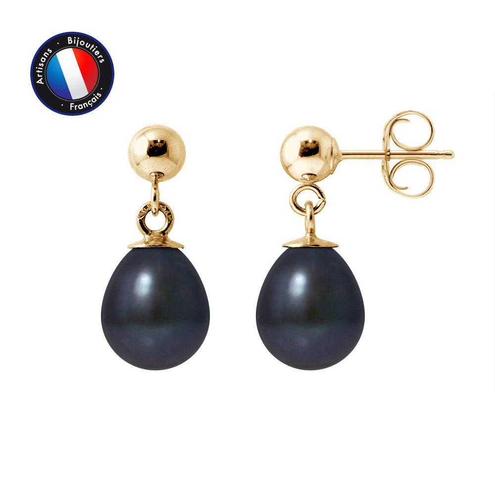 PERLINEA- Earrings - Freshwater Cultured Pearls - Diameter 7-8 mm Black Tahiti - Women's Jewelry - Yellow Gold