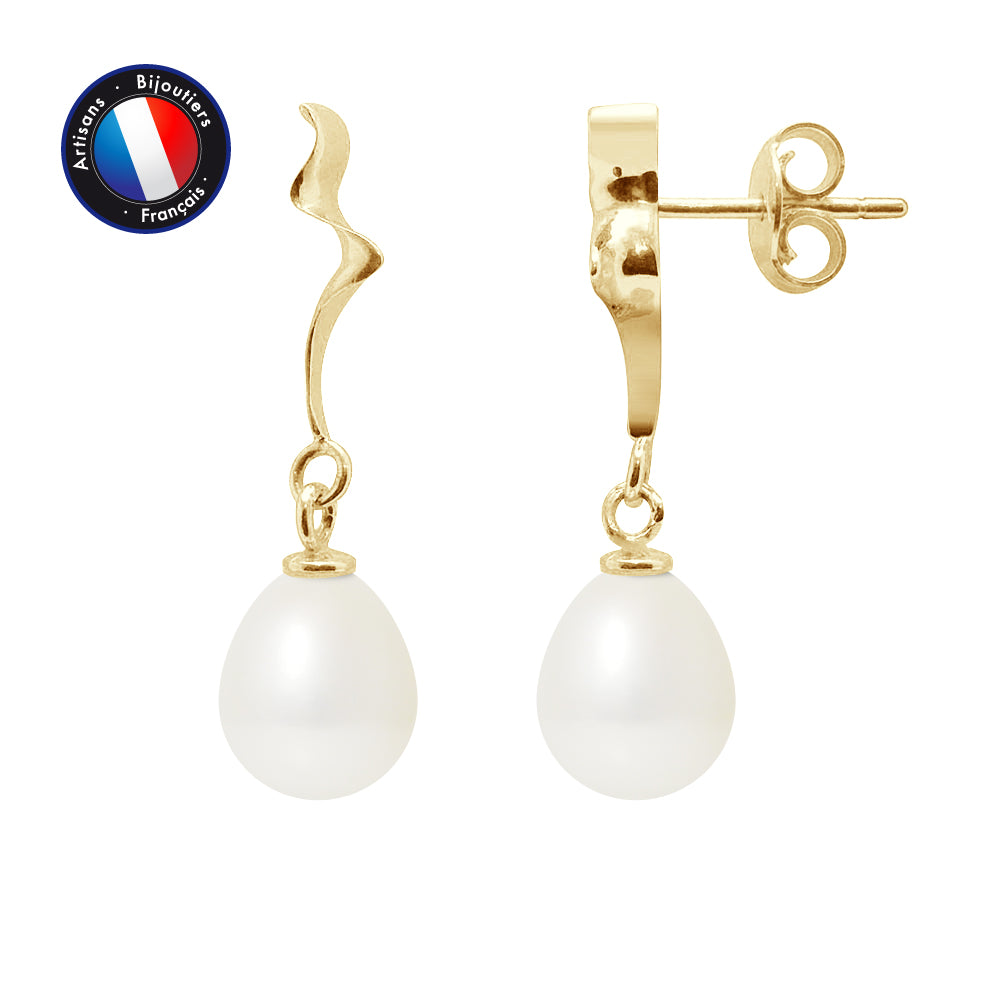 Boucles d'Oreilles- Perles de Culture d'Eau Douce- Diamètre 8-9 mm Blanc- Bijou Femme- Or Jaune