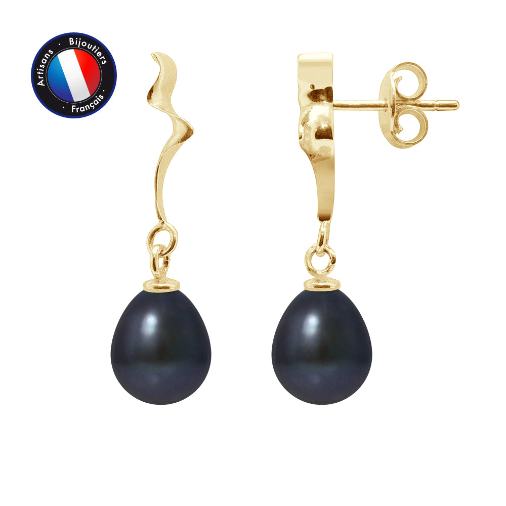 PERLINEA- Earrings- Freshwater Cultured Pearls- Diameter 8-9 mm Black Tahiti- Women's Jewelry- Yellow Gold