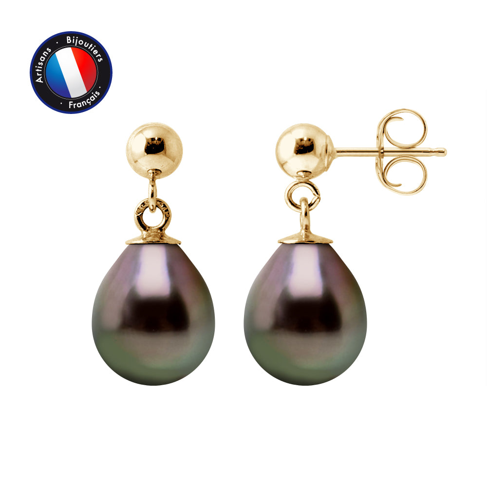 PERLINEA- Earrings - Tahitian Cultured Pearls - Diameter 8-9 mm - Women's Jewelry - Yellow Gold