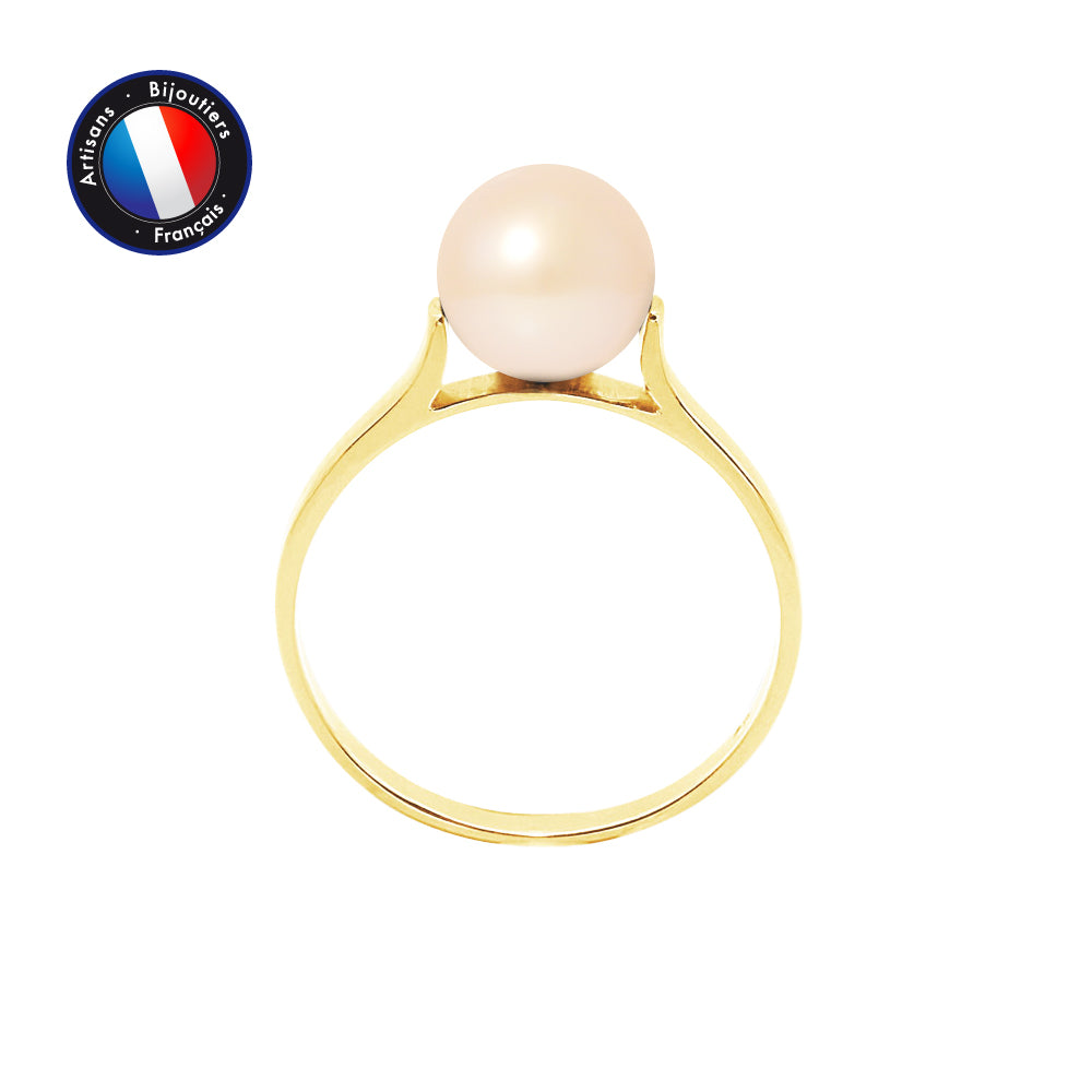 Bague en Or Jaune 9 Cts avec Véritable Perle de Culture d'Eau Douce ronde 7-8 mm