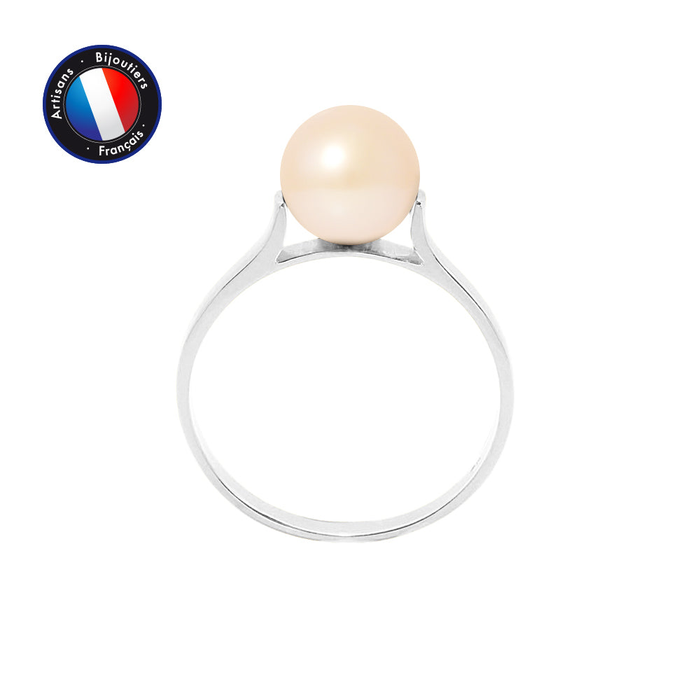 Bague en Or Blanc 9 Cts avec Véritable Perle de Culture d'Eau Douce ronde 7-8 mm