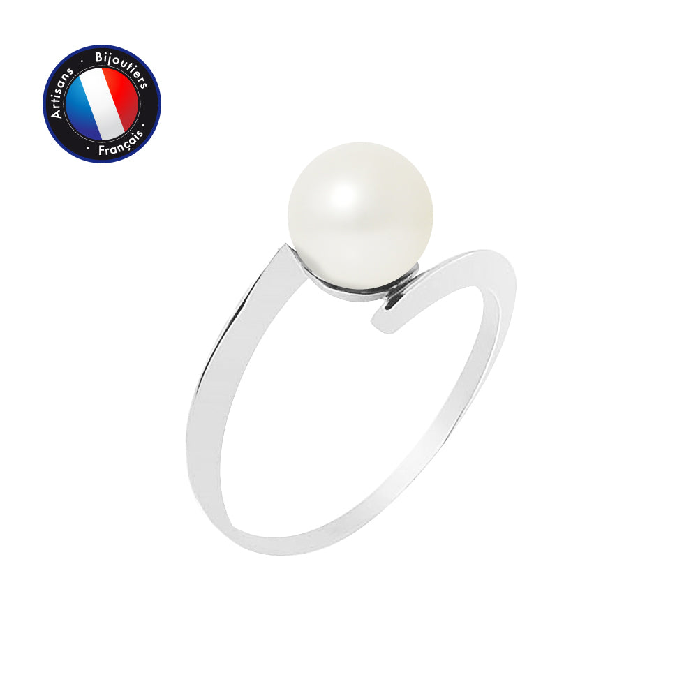 PERLINEA- Bague- Perles de Culture d'Eau Douce- Ronde Diamètre 7-8 mm Blanc- Taille 48 (EU)- Bijou Femme- Or Blanc