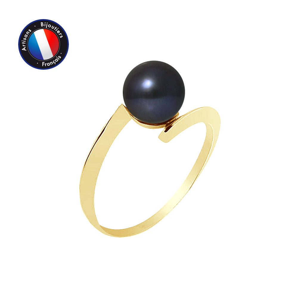 PERLINEA- Bague- Perles de Culture d'Eau Douce- Ronde Diamètre 7-8 mm Black Tahiti- Taille 48 (EU)- Bijou Femme- Or Jaune