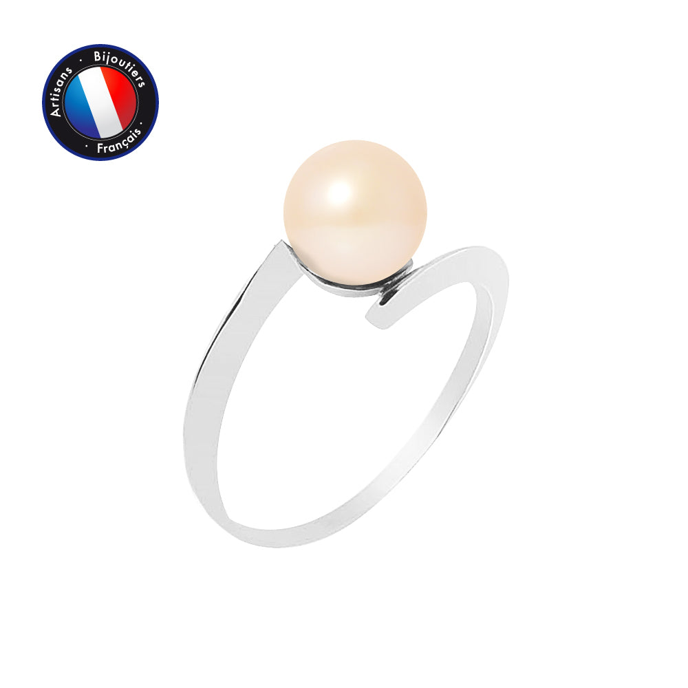 Bague en Or Blanc 9 Cts avec Véritable Perle de Culture d'Eau Douce ronde 7-8 mm