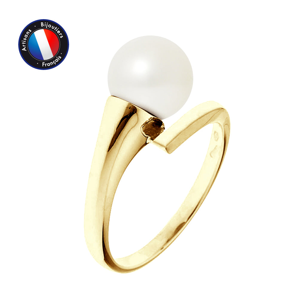 PERLINEA- Bague- Perles de Culture d'Eau Douce- Ronde Diamètre 8-9 mm Blanc- Taille 48 (EU)- Bijou Femme- Or Jaune