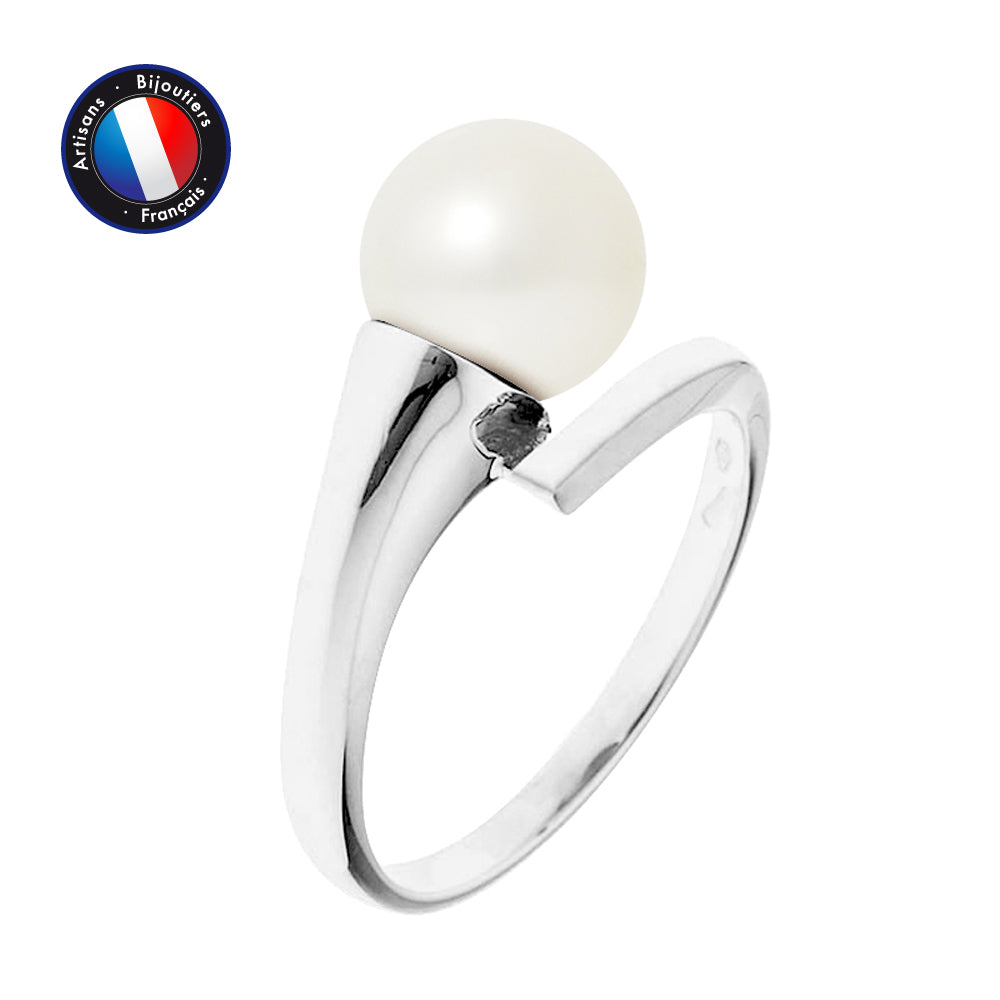 Bague- Perle de Culture d'Eau Douce Ronde Diamètre 8-9 mm Blanc- Bijou Femme- Or Blanc