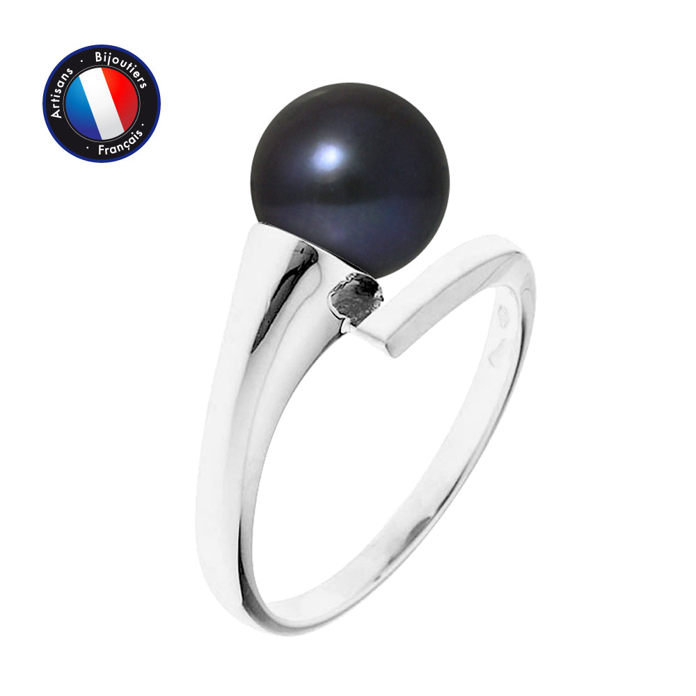 Bague en Or Blanc 9 Cts avec Véritable Perle de Culture ronde 8-9 mm