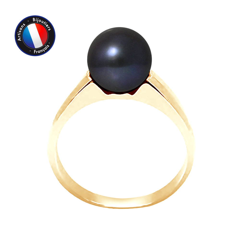 Ring - Round Freshwater Cultured Pearl Diameter 8-9 mm Black Tahiti - Women's Jewelry - Yellow Gold