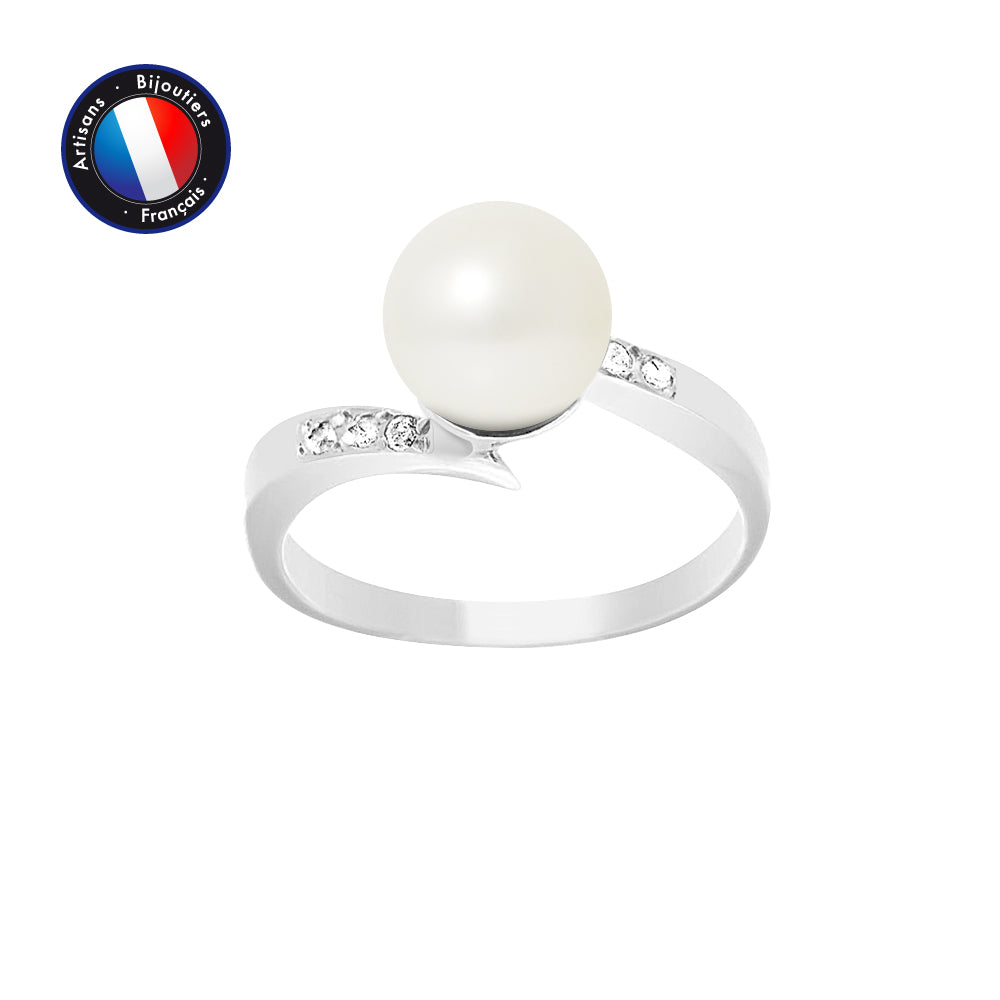 Bague- Perle de Culture d'Eau Douce- Ronde Diamètre 8-9 mm Blanc- Bijou Femme- Or Blanc- Diamants