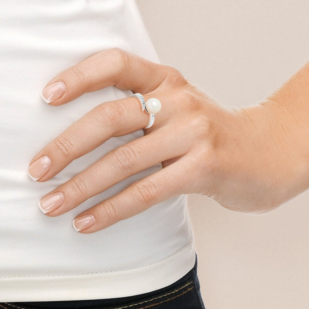 Bague- Perle de Culture d'Eau Douce- Ronde Diamètre 8-9 mm Blanc- Bijou Femme- Or Blanc- Diamants