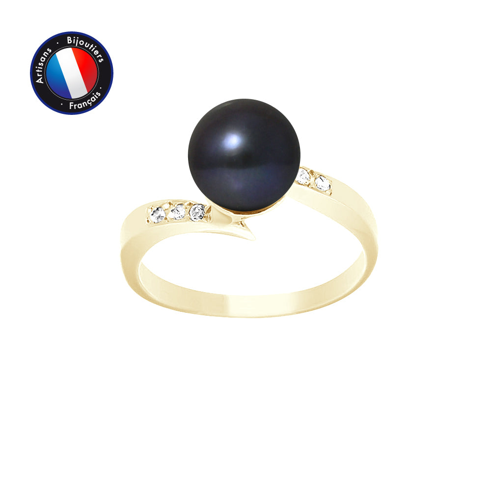 Bague- Perle de Culture d'Eau Douce- Ronde Diamètre 8-9 mm Black Tahiti- Bijou Femme- Or Jaune- Diamants