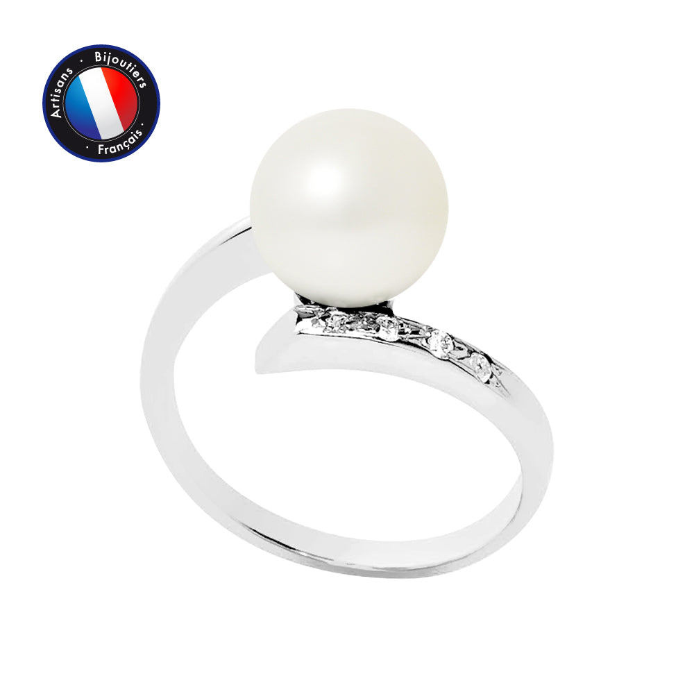 PERLINEA- Bague- Perles de Culture d'Eau Douce- Ronde Diamètre 8-9 mm Blanc- Taille 48 (EU)- Bijou Femme- Or Blanc- Diamants