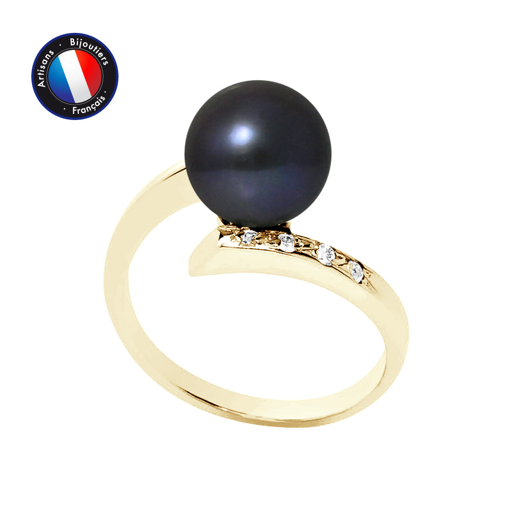 Bague- Perle de Culture d'Eau Douce- Ronde Diamètre 8-9 mm Black Tahiti- Bijou Femme- Or Jaune- Diamants