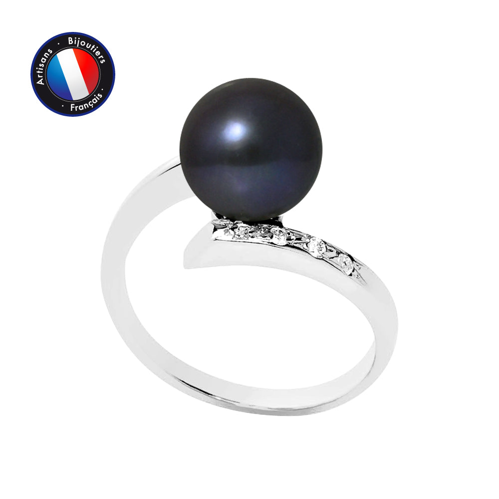 Bague en Or Blanc 9 Cts avec Véritable Perle de Culture ronde 8-9mm et Diamants