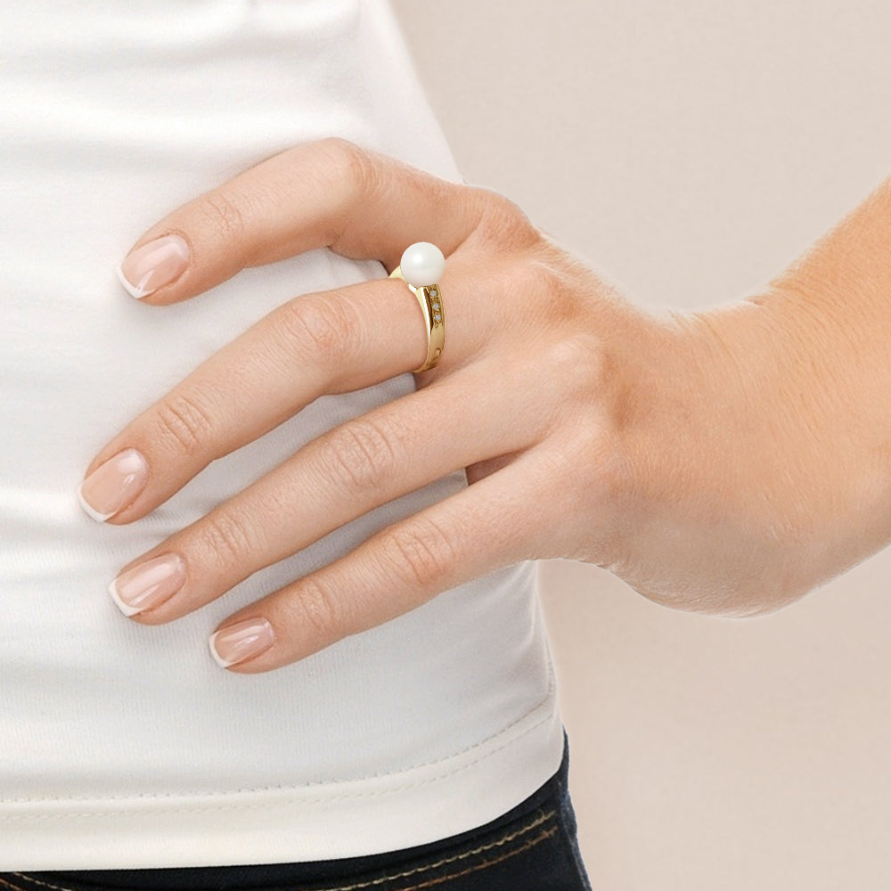 PERLINEA- Bague- Perles de Culture d'Eau Douce- Ronde Diamètre 8-9 mm Blanc- Taille 48 (EU)- Bijou Femme- OrJaune- Dimants