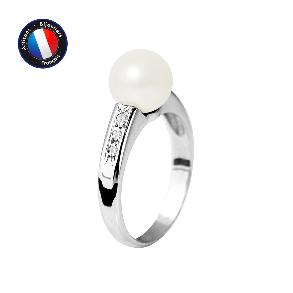 Bague- Perle de Culture d'Eau Douce- Ronde Diamètre 8-9 mm Blanc- Bijou Femme- Or Blanc- Diamants