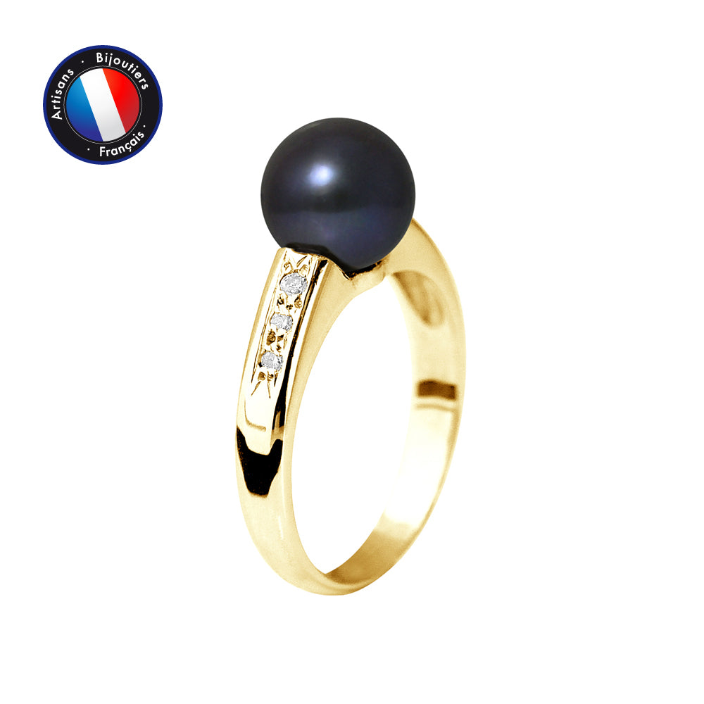 PERLINEA- Bague- Perles de Culture d'Eau Douce- Ronde Diamètre 8-9 mm Black Tahiti- Taille 48 (EU)- Bijou Femme- Or Jaune- Diamants