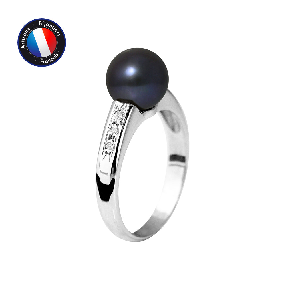 Bague en Or Blanc 9 Cts avec Véritable Perle de Culture d'Eau Douce ronde 8-9mm et Diamants