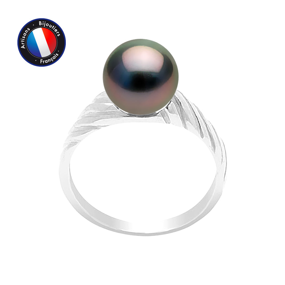 PERLINEA- Bague- Perles de Culture de Tahiti- Ronde Diamètre 8-9 mm- Taille 48 (EU)- Bijou Femme- Or Blanc