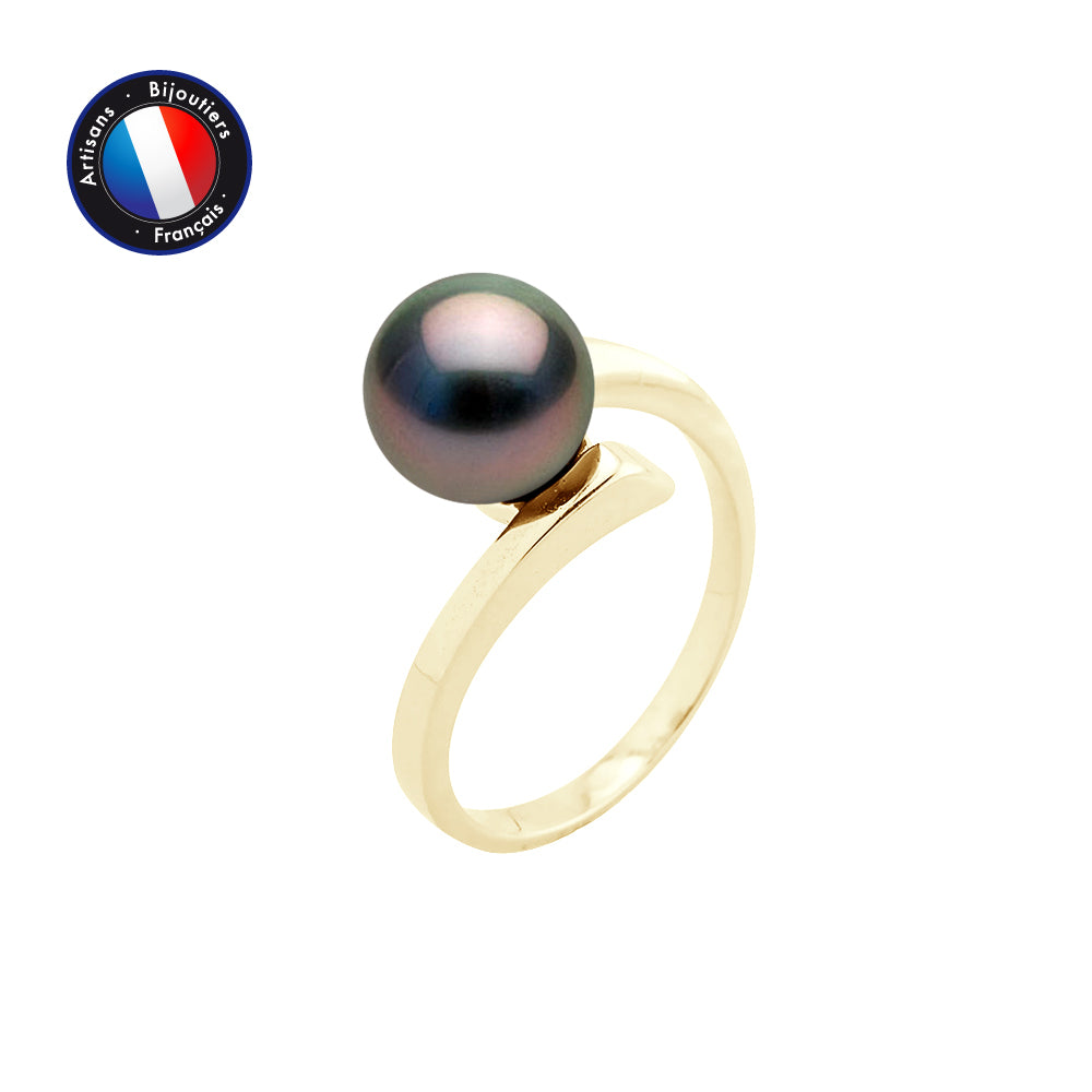 PERLINEA- Ring- Tahitian Cultured Pearls- Round Diameter 8-9 mm- Size 48 (EU)- Women's Jewelry- Yellow Gold