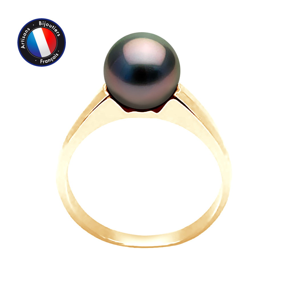 PERLINEA- Ring- Tahitian Cultured Pearls- Round Diameter 8-9 mm- Size 48 (EU)- Women's Jewelry- Yellow Gold