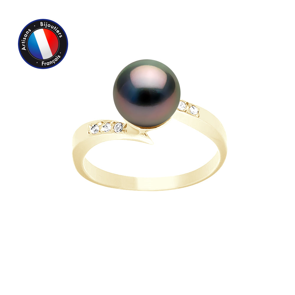 PERLINEA- Ring- Tahitian Cultured Pearls- Round Diameter 8-9 mm- Size 50 (EU)- Women's Jewelry- Yellow Gold- Diamonds