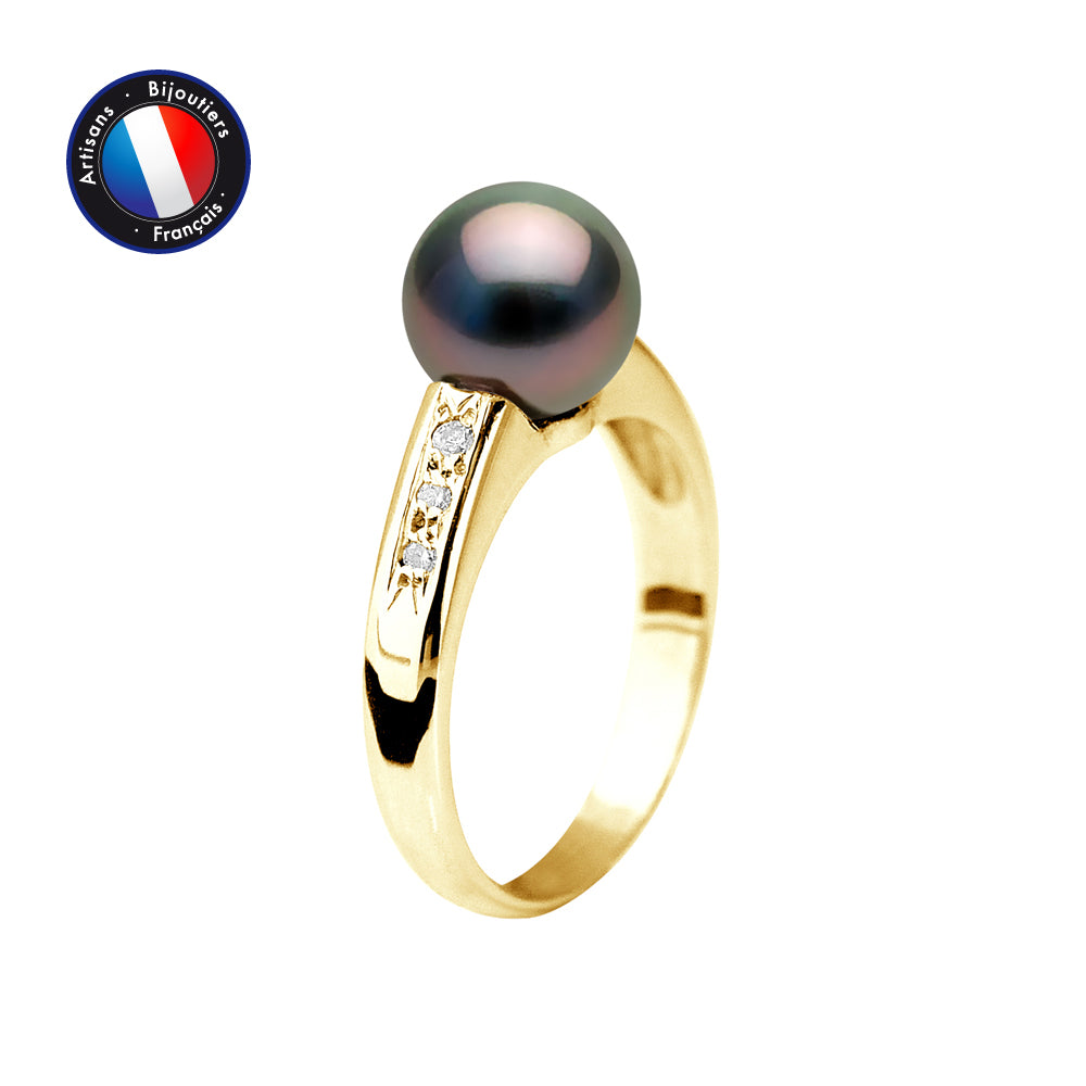 Ring - Tahitian Cultured Pearls - Round Diameter 8-9 mm - Women's Jewelry - Yellow Gold - Diamonds