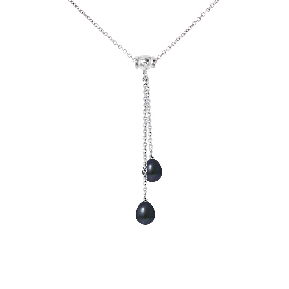 PERLINEA- You &amp; Me Necklace 2 Freshwater Cultured Pearls- Diameter 7-8 mm Black Tahiti- Women's Jewelry- 925 Thousandths Silver