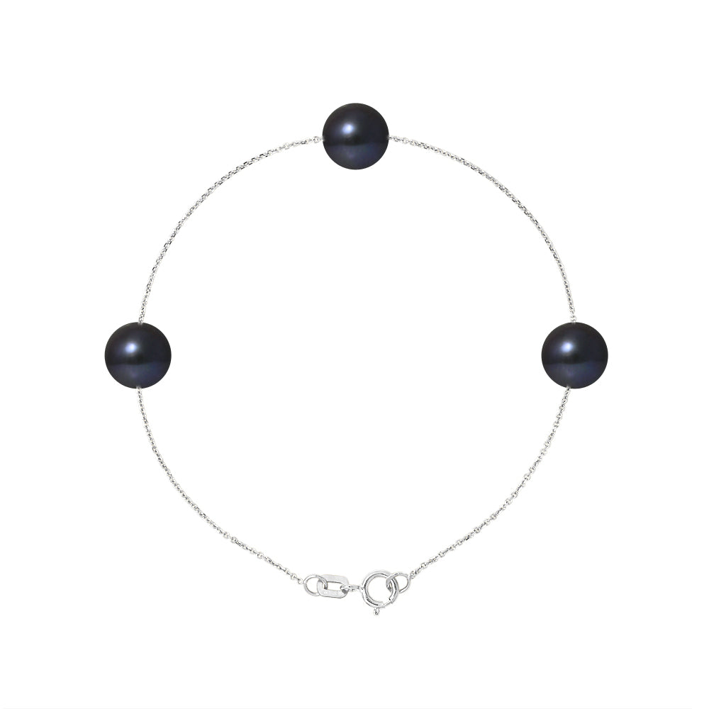 PERLINEA- Bracelet 3 Perles de Culture d'Eau Douce- Diamètre 7-8 mm Black Tahiti- Bijou Femme- Argent 925 Millièmes