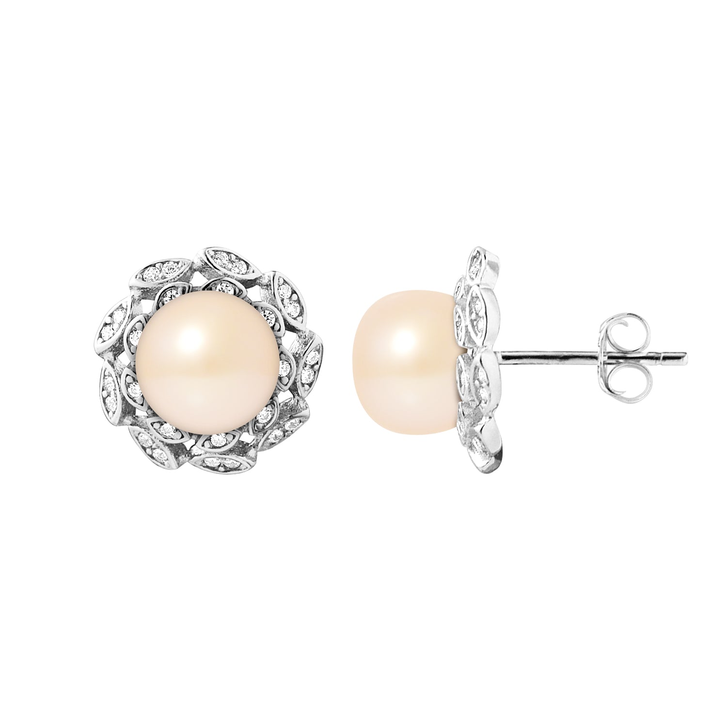 PERLINEA- Boucles d'Oreilles- Corolle Perles de Culture d'Eau Douce  Rose- Bijou Femme- Argent 925 Millièmes