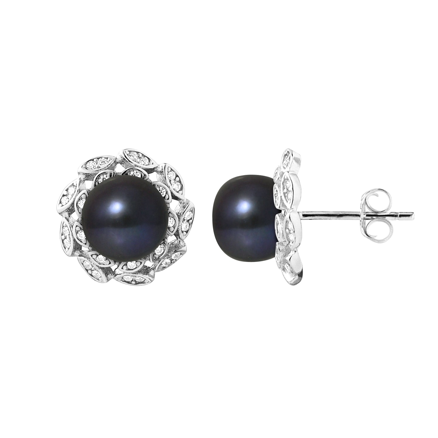 PERLINEA- Boucles d'Oreilles- Corolle Perles de Culture d'Eau Douce  Black Tahiti- Bijou Femme- Argent 925 Millièmes