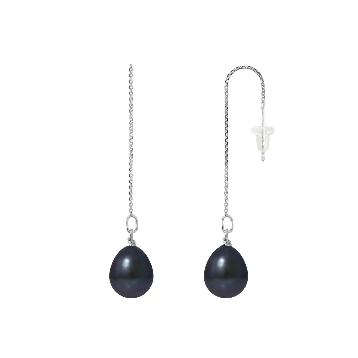 PERLINEA- Boucles d'Oreilles- Perles de Culture d'Eau Douce- Poire Diamètre 8-9 mm Black Tahiti- Bijou Femme- Or Blanc