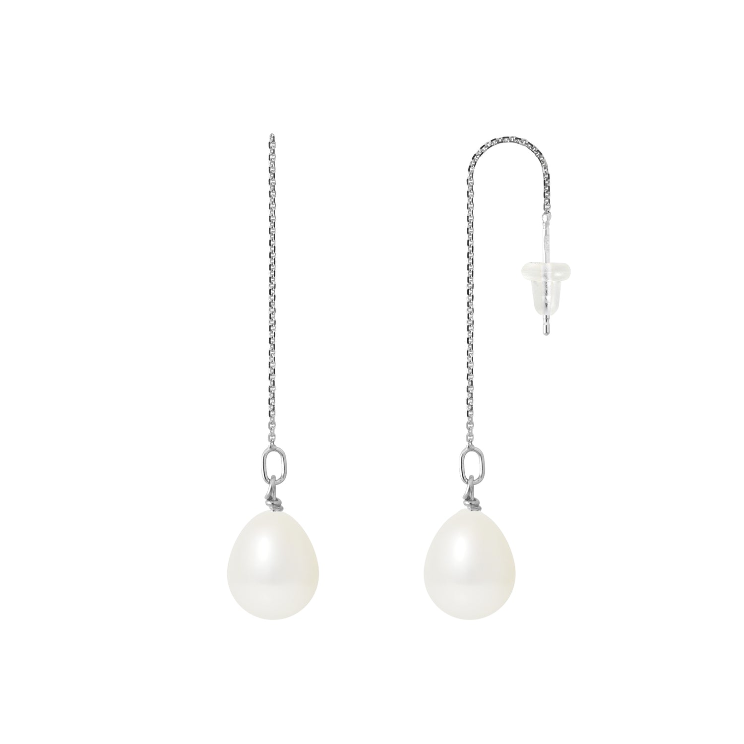 PERLINEA- Boucles d'Oreilles- Perles de Culture d'Eau Douce- Poire Diamètre 8-9 mm Blanc- Bijou Femme- Or Blanc