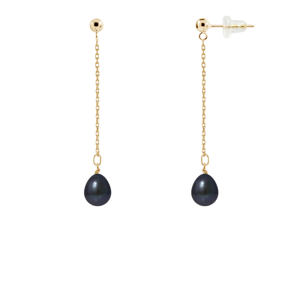 PERLINEA- Earrings- Freshwater Cultured Pearls- Pear Diameter 7-8 mm Black Tahiti- Women's Jewelry- Yellow Gold