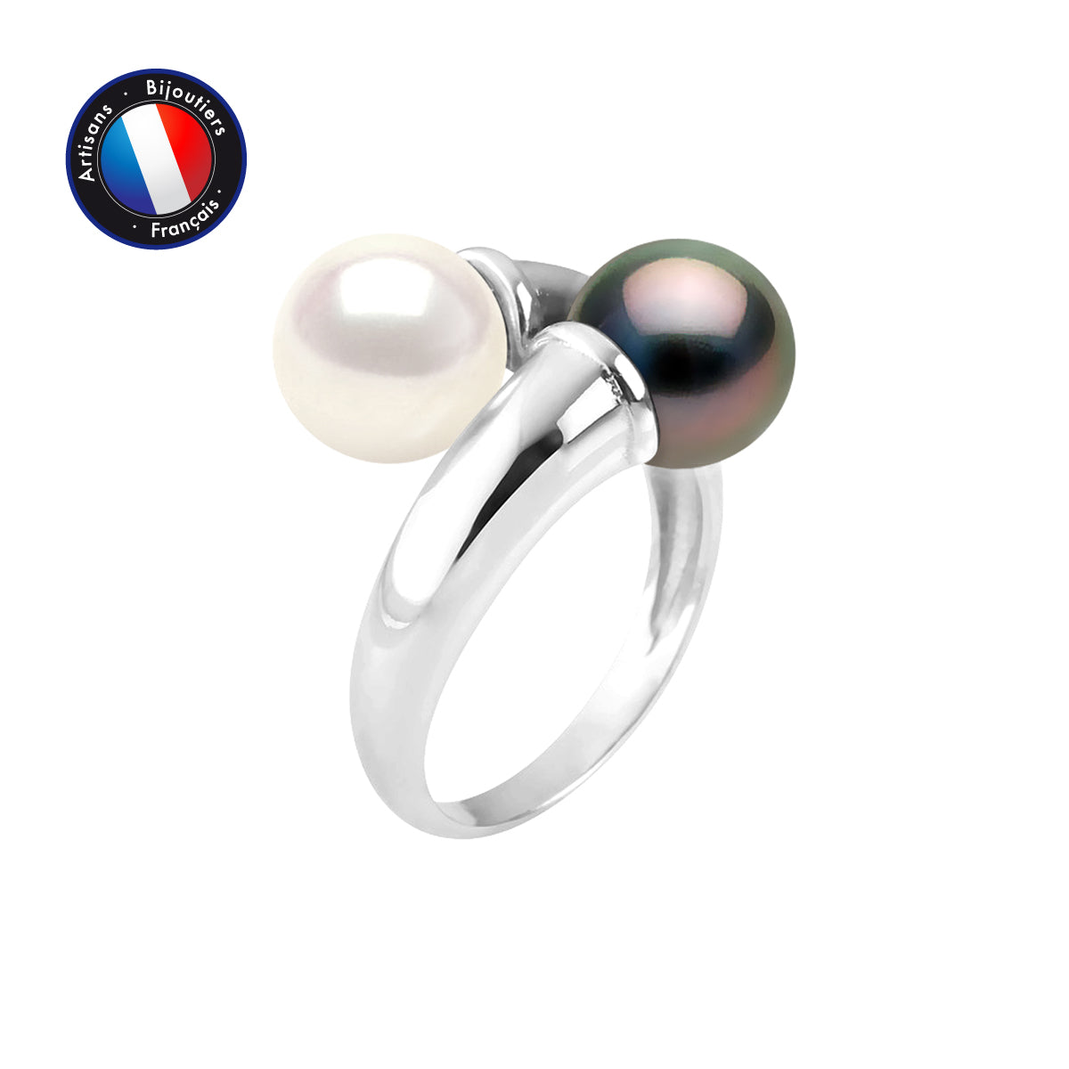 Bague Toi & Moi - Perles de Culture de Tahiti et d'Eau Douce- Ronde Diamètre 7-8 mm- Bijou Femme- Argent 925 Millièmes